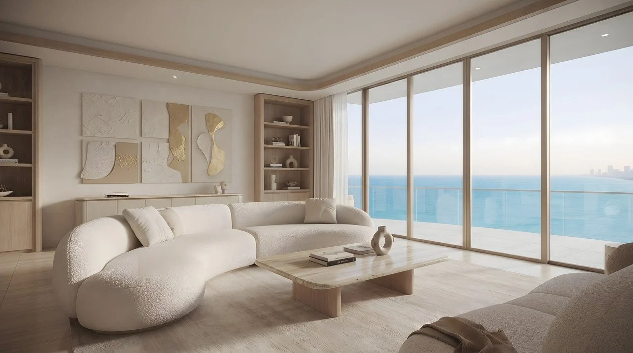 Intérieur lumineux et raffiné avec vue sur la mer
